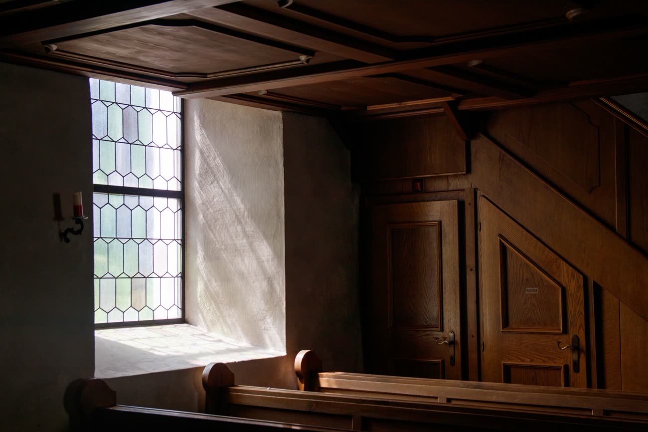 A quiet chapel with warm light